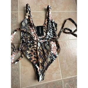 Pretty Little Thing‎ Brown Mixed Animal -tie waist swimsuit women size 8